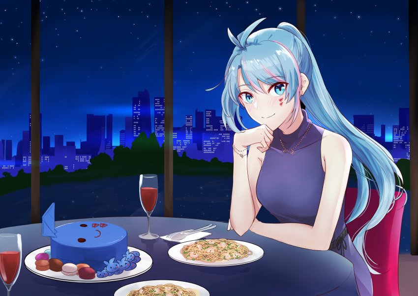 1girl absurdres azura_cecillia blue_eyes blue_hair bracelet cake champagne_flute collarbone commentary cup dress drinking_glass english_commentary food grey_sweater hair_behind_ear highres izha_(seisfleur) jewelry leaning_forward long_hair looking_at_viewer multicolored_hair necklace nijisanji nijisanji_id pasta pink_hair ponytail sitting skyline sleeveless sleeveless_dress smile solo streaked_hair sweater virtual_youtuber window