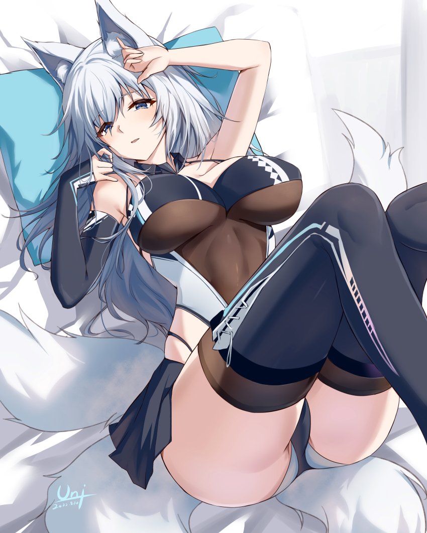 1girl absurdres animal_ears arm_up azur_lane bare_shoulders blue_eyes bodysuit bodysuit_under_clothes breasts brown_bodysuit cross-laced_clothes dated detached_sleeves feet_out_of_frame fox_ears fox_tail hand_on_own_head highres knees_up large_breasts long_hair looking_at_viewer lying miniskirt on_back panty_straps parted_lips pillow shinano_(azur_lane) shinano_(moonlit_chrome)_(azur_lane) signature single_sleeve skirt sleeves_past_wrists solo tail thighhighs thighs unique_(pixiv12704744) white_hair white_tail