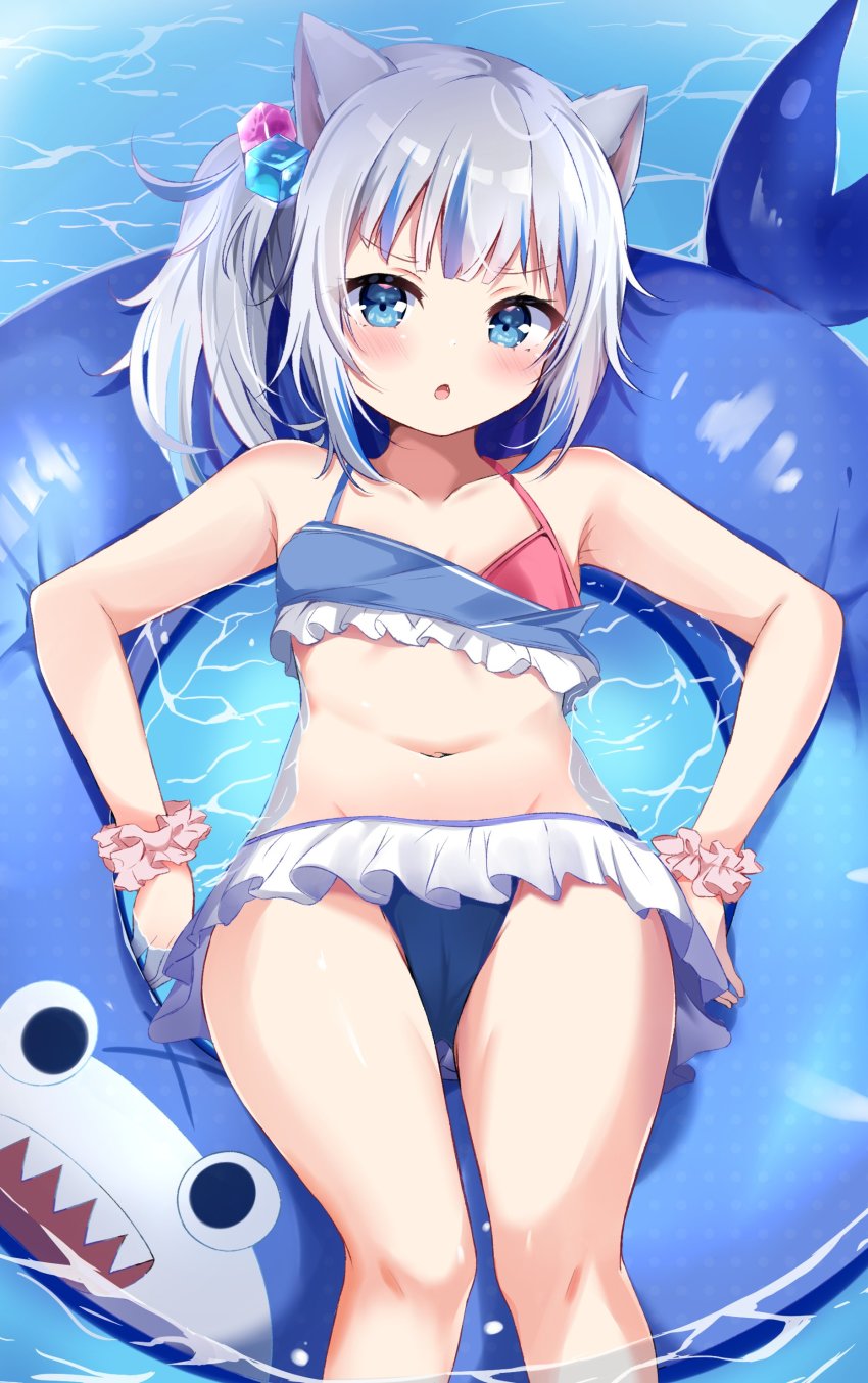 1girl :o absurdres animal_ears armpit_crease bare_arms bare_legs bare_shoulders bikini bloop_(gawr_gura) blue_eyes blue_hair blunt_bangs blush breasts cameltoe cat_ears collarbone cube_hair_ornament frilled_bikini frills gawr_gura hair_ornament highres hololive hololive_english innertube looking_at_viewer medium_hair multicolored_clothes multicolored_hair nagomi_yayado navel open_mouth partially_submerged pool scrunchie shark_print side_ponytail sidelocks silver_hair small_breasts solo stomach streaked_hair swim_ring swimsuit swimsuit_skirt thighs upskirt virtual_youtuber wrist_scrunchie