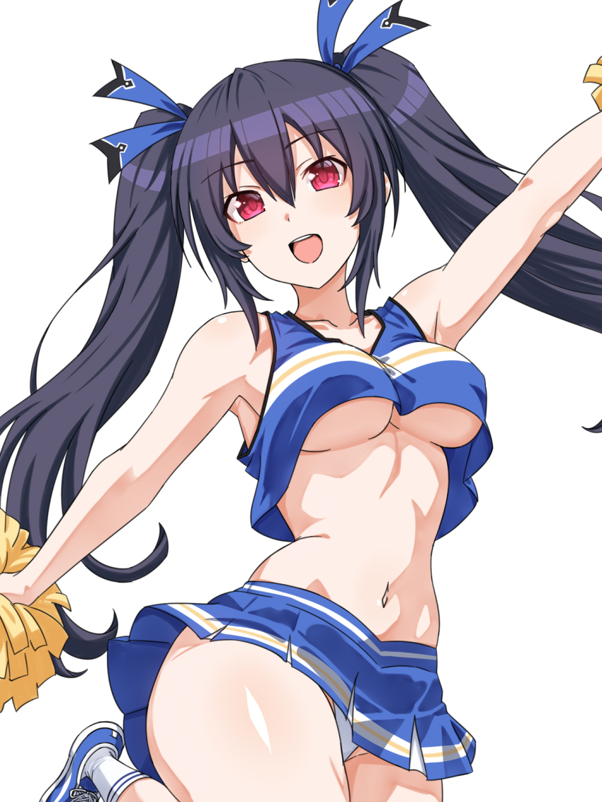 black_hair blue_ribbon blue_shoes blue_skirt blue_tank_top breasts cheerleader choujigen_game_neptune collarbone commentary cowboy_shot english_commentary hair_between_eyes hair_ribbon happy highres long_hair looking_at_viewer microskirt narrow_waist navel neptune_(series) no_bra noire_(neptunia) open_mouth panties pantyshot pom_pom_(cheerleading) red_eyes ribbon shoes simple_background skirt sneakers socks tank_top teeth thick_thighs thighs twintails underboob undersized_clothes underwear upper_teeth_only very_long_hair white_background white_panties white_socks zatsu