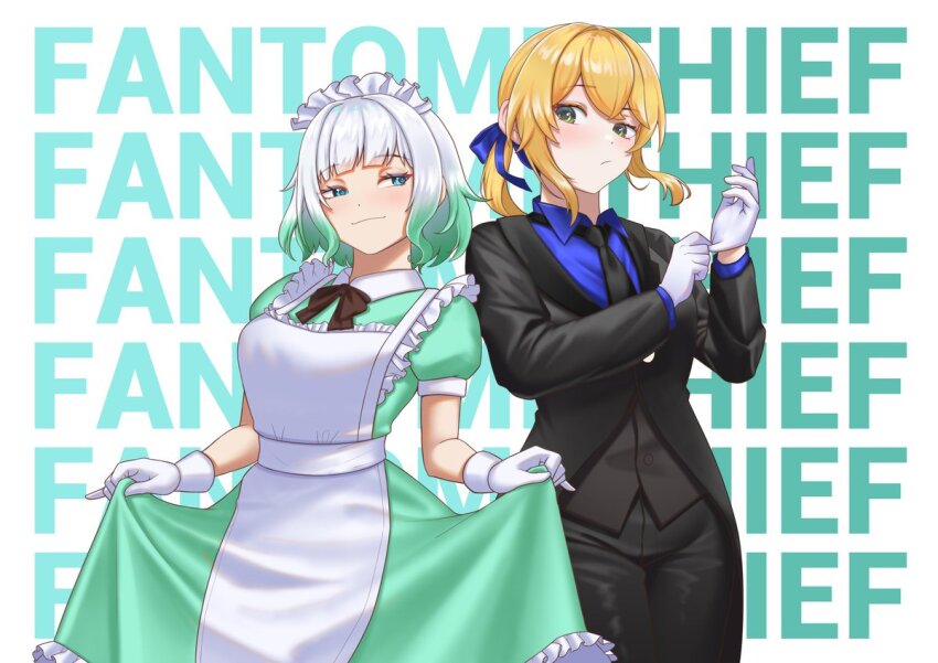 2girls apron blonde_hair blue_eyes breasts cipher4109 commentary cowboy_shot dokibird_(vtuber) english_commentary formal_clothes gloves gradient_hair green_eyes green_hair indie_virtual_youtuber long_sleeves maid maid_apron maid_headdress medium_breasts mint_fantome multicolored_hair multiple_girls necktie ponytail short_hair short_sleeves suit virtual_youtuber white_hair