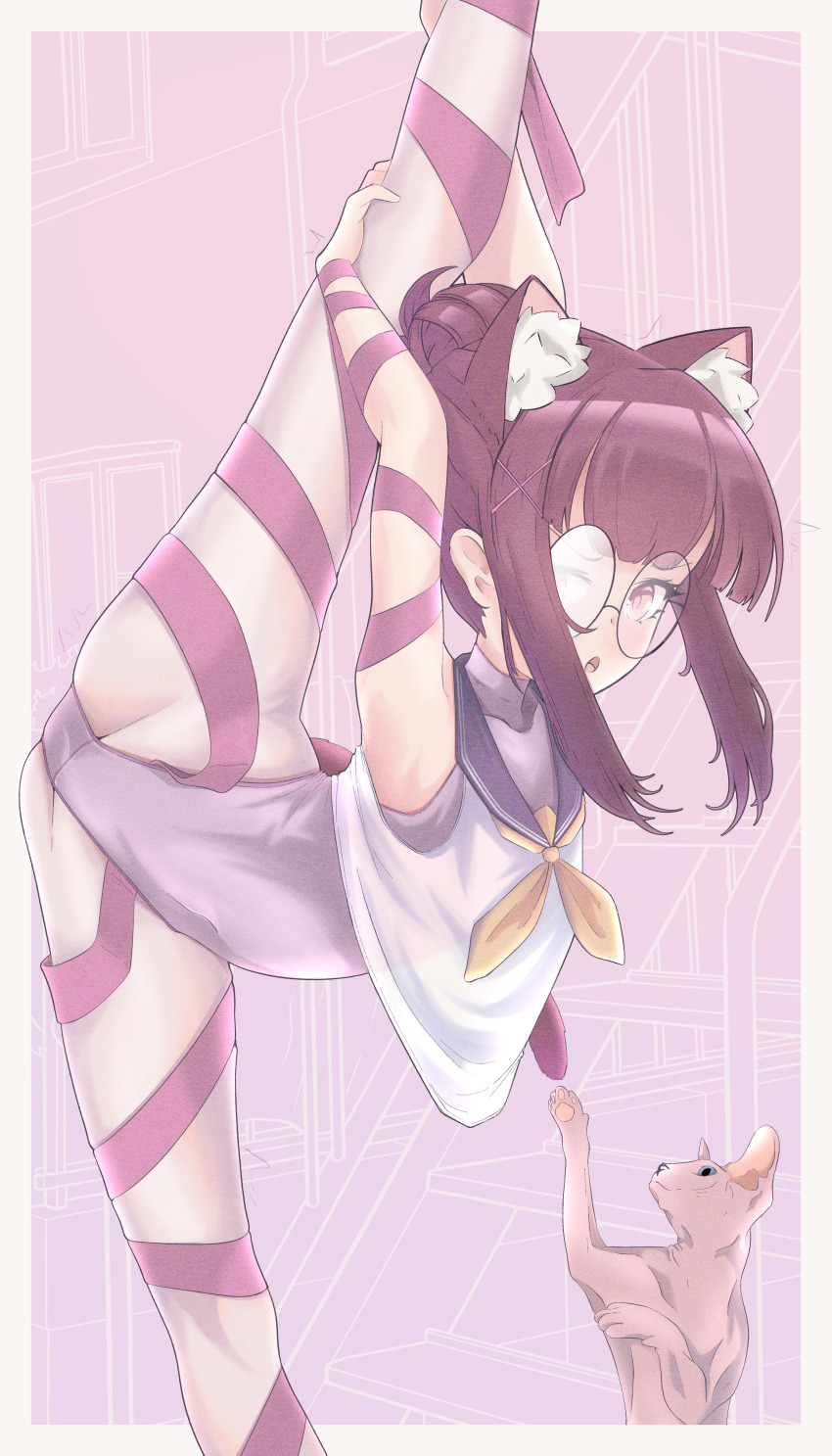 1girl absurdres animal_ear_fluff animal_ears arm_ribbon ass athletic_leotard brown_hair cat cat_ears commission fallenshadow flexible glasses groin hair_bun highres indie_virtual_youtuber leg_hold leg_lift leg_ribbon leg_up legs leotard long_hair open_mouth pantyhose pettan_(zeez4743) pink_eyes pink_leotard pixiv_commission ribbon school_uniform serafuku shirt sleeveless sleeveless_shirt split standing standing_on_one_leg standing_split thigh_ribbon thighs virtual_youtuber white_pantyhose white_shirt