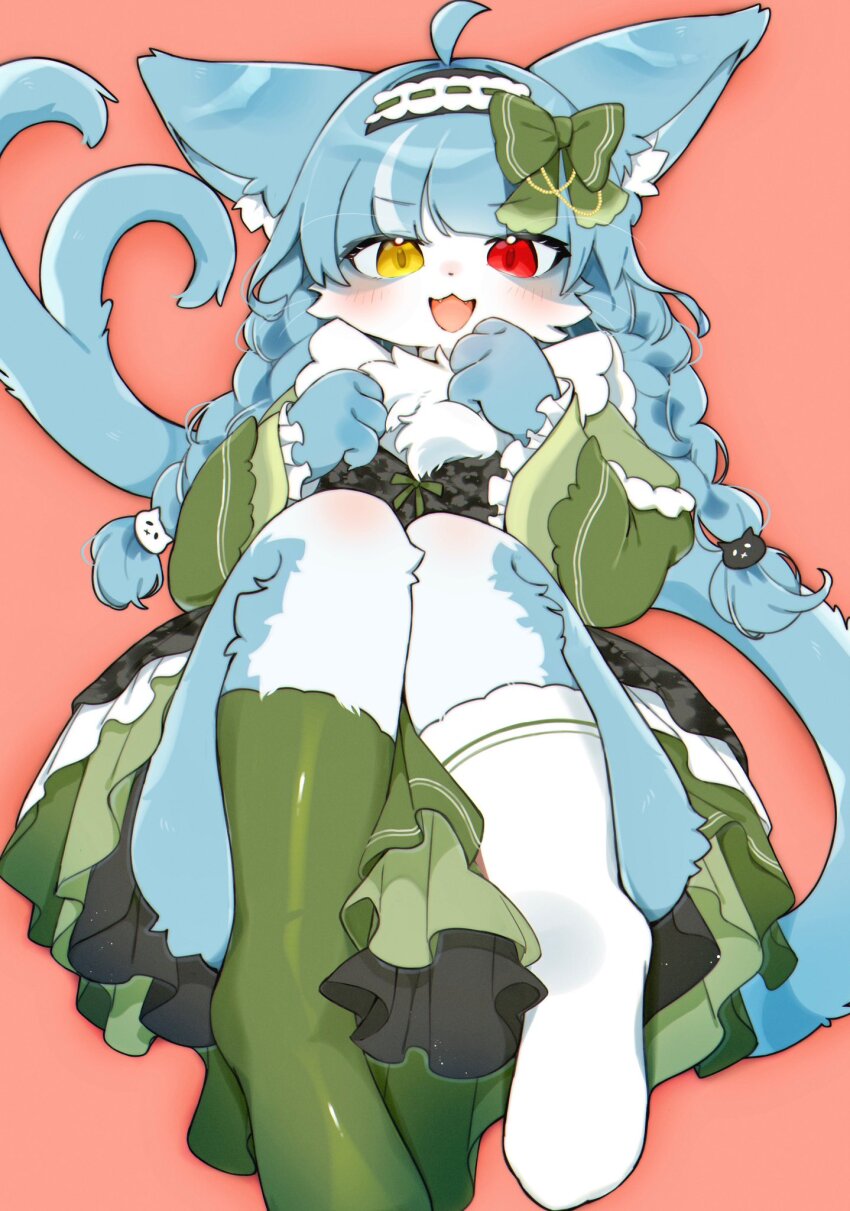 1boy ahoge animal_ear_fluff animal_ears blue_fur blue_hair blush bow braid camouflage cat_boy cat_ears cattail dress forked_tail furry furry_male green_bow green_dress green_socks gun2y0 hair_ornament heterochromia highres holding_own_leg japan_air_self-defense_force_omaezaki_sub-base knees_up long_hair looking_at_viewer maid omaneko open_mouth orange_background plant red_eyes simple_background sitting socks solo tail trap white_socks yellow_eyes