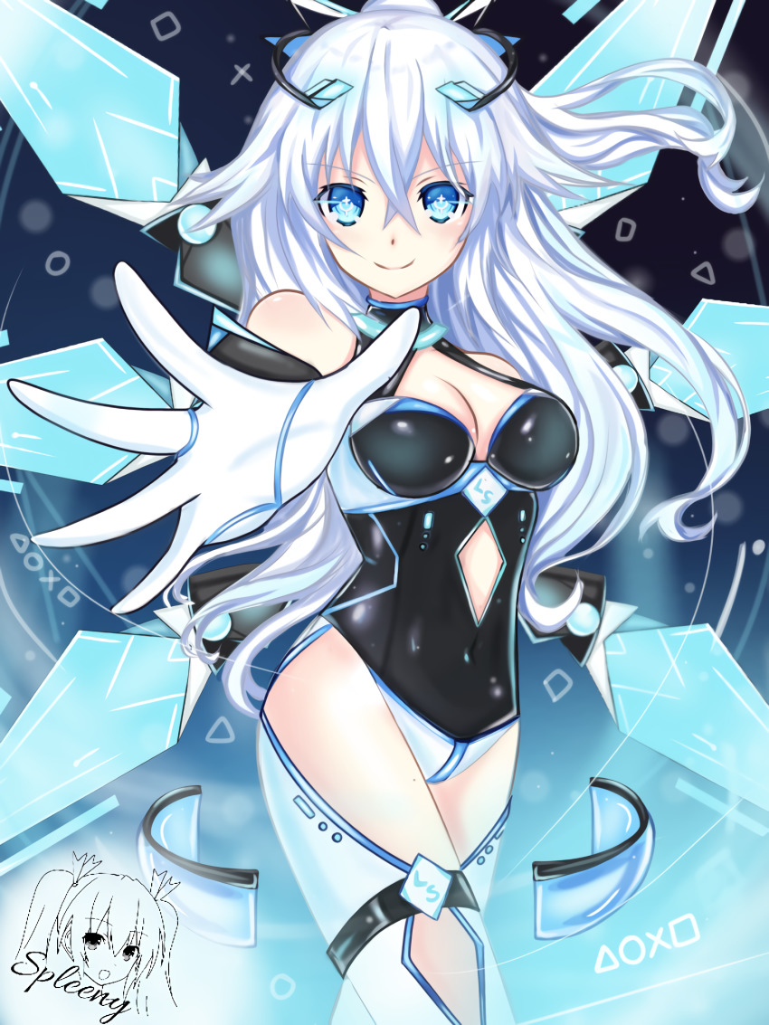 1girl bare_shoulders battlesuit black_heart_(neptunia) blue_eyes breasts game_console glowing glowing_eyes glowing_wings hair_ornament highres long_hair looking_at_viewer md5_mismatch neptune_(series) noire_(neptunia) playstation_5 playstation_symbols self-upload signature smile solo spleeny standing symbol-shaped_pupils symbol_in_eye white_hair wings