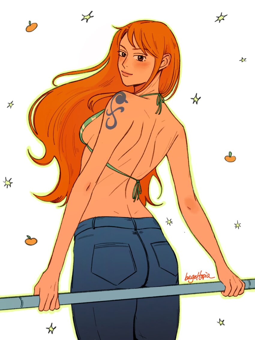 1girl artist_name back bageltopia bare_arms bikini bikini_top_only blue_pants blush breasts brown_eyes closed_mouth commentary cowboy_shot denim english_commentary food from_behind fruit green_bikini halterneck highres holding holding_staff jeans lips long_hair looking_at_viewer looking_back mandarin_orange medium_breasts nami_(one_piece) one_piece orange_hair pants shoulder_tattoo sideboob simple_background single_sidelock solo sparkle staff string_bikini swimsuit tattoo wavy_hair