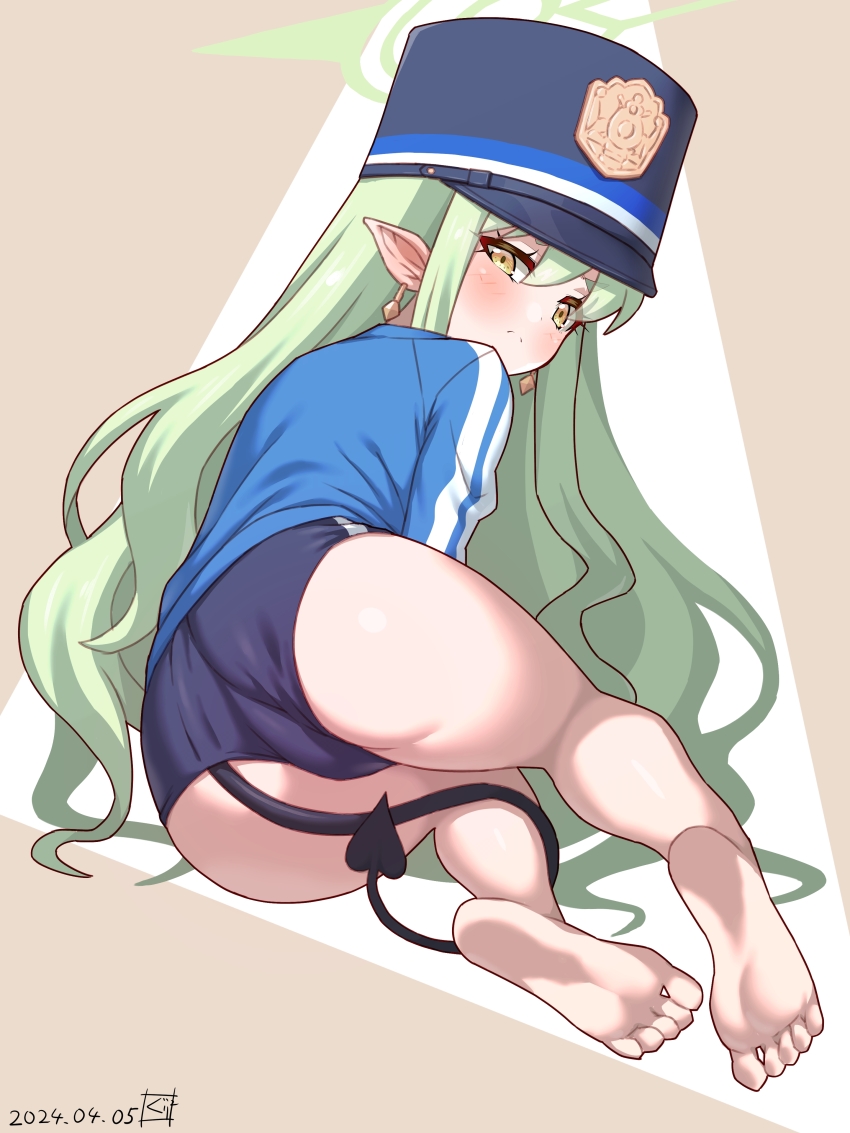 1girl absurdres ass back bare_legs barefoot black_buruma black_hat blue_archive blue_jacket blush breasts buruma demon_tail earrings feet green_hair guriguri_(arayotto4351) halo hat highres hikari_(blue_archive) jacket jewelry loli long_hair long_sleeves looking_at_viewer looking_back peaked_cap pointy_ears shirt sidelocks small_breasts soles solo tail toes track_jacket white_shirt yellow_eyes