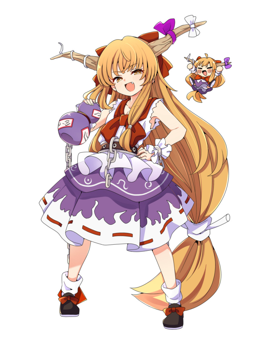 2girls absurdly_long_hair baba_(baba_seimaijo) blonde_hair bow brown_horns brown_shoes chain cuffs dual_persona fang footwear_bow full_body game_cg gourd hair_bow hakurei_frontier_spell_strive hand_on_own_hip highres holding holding_gourd horn_ornament horn_ribbon horns ibuki_suika long_hair looking_at_viewer mini_person minigirl multiple_girls official_art oni open_mouth purple_skirt red_bow ribbon shoes skirt smile socks third-party_source torn_clothes torn_sleeves touhou transparent_background very_long_hair white_socks wrist_cuffs