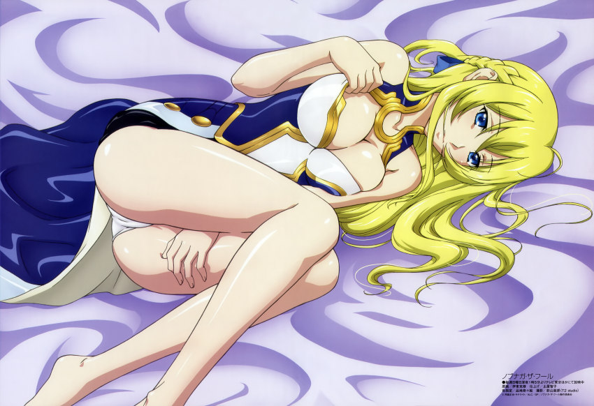 10s 1girl absurdres barefoot blonde_hair blue_eyes breasts cleavage female_focus highres itou_katsunobu jeanne_kaguya_d&#039;arc large_breasts legs long_hair lying megami_magazine nobunaga_the_fool non-web_source official_art on_side panties solo underwear