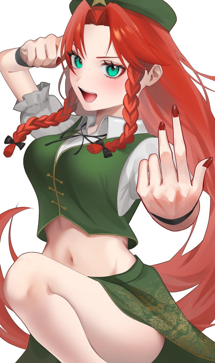 1girl green_eyes green_hat green_skirt hat highres hong_meiling looking_at_viewer open_mouth red_hair red_nails rui45420612 skirt solo touhou