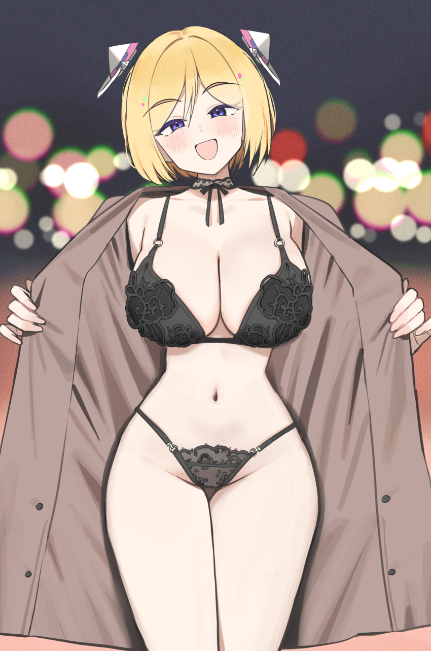 1girl aki_rosenthal black_bra black_panties blonde_hair blurry blush bokeh bra breasts brown_coat cleavage coat depth_of_field duffel_coat exhibitionism feet_out_of_frame hair_ornament highres hololive large_breasts looking_at_viewer navel open_clothes open_coat open_mouth panties public_indecency purple_eyes short_hair smile solo standing stomach twin_(tt_lsh) underwear virtual_youtuber