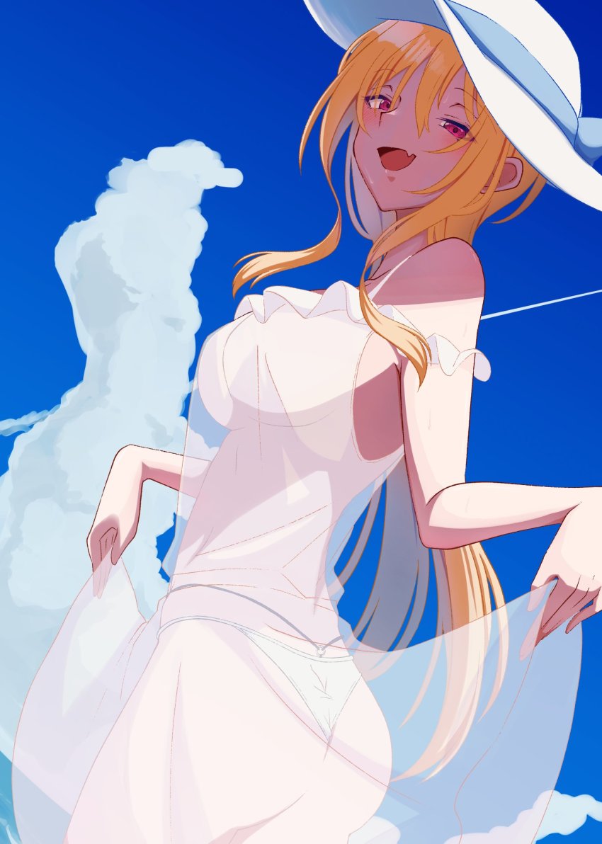 1girl ass blonde_hair blue_sky breasts cloud covered_erect_nipples dress fang hat highres idolmaster idolmaster_cinderella_girls kurosaki_chitose long_hair looking_at_viewer medium_breasts outdoors panties red_eyes see-through_clothes see-through_dress skin_fang skirt_hold sky smile solo string_panties sun_hat sundress tantei001 twisted_torso underwear very_long_hair white_panties