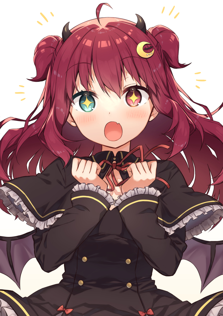 +_+ 1girl :o ahoge black_capelet black_dress blush bow capelet commentary_request crescent crescent_hair_ornament demon_girl demon_horns demon_wings dress fang frilled_capelet frilled_dress frills green_eyes grey_wings hair_between_eyes hair_ornament hands_up heterochromia highres horns long_hair looking_at_viewer neck_ribbon nijisanji open_mouth otou_mamayo red_bow red_eyes red_hair red_ribbon ribbon simple_background solo two_side_up virtual_youtuber white_background wings yuzuki_roa