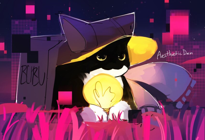 abstract_background aestheticden animal_hat artist_name box brown_hat cardboard_box cat cat_hat commentary cosplay hat highres holding in_box in_container light_bulb niko_(oneshot) niko_(oneshot)_(cosplay) no_humans on_grass oneshot_(game) real_life scarf tuxedo_cat uni_(cat)