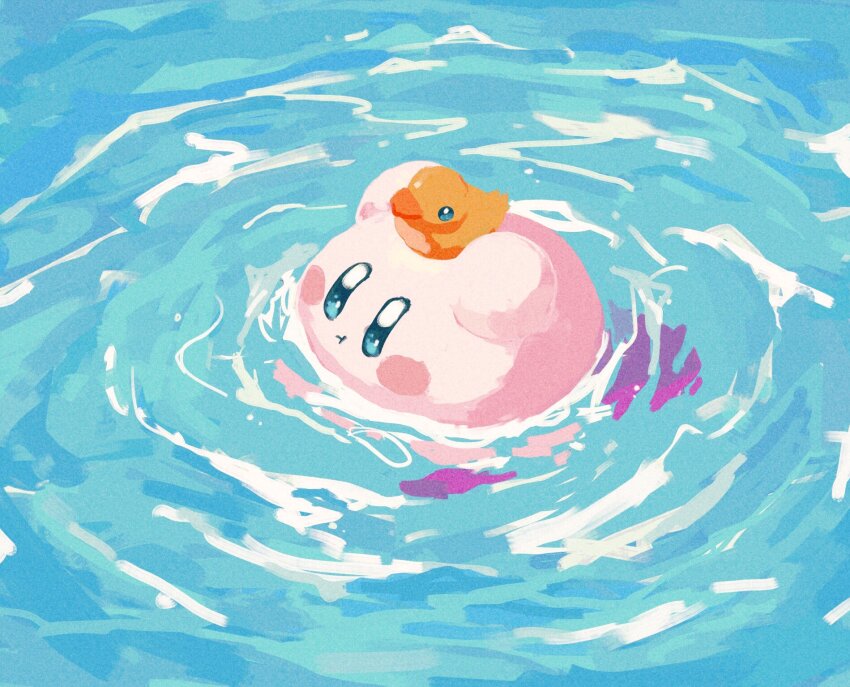 arms_up black_eyes blush_stickers bright_pupils carrying harukui highres kirby kirby_(series) nintendo no_humans partially_submerged rubber_duck swimming water white_pupils