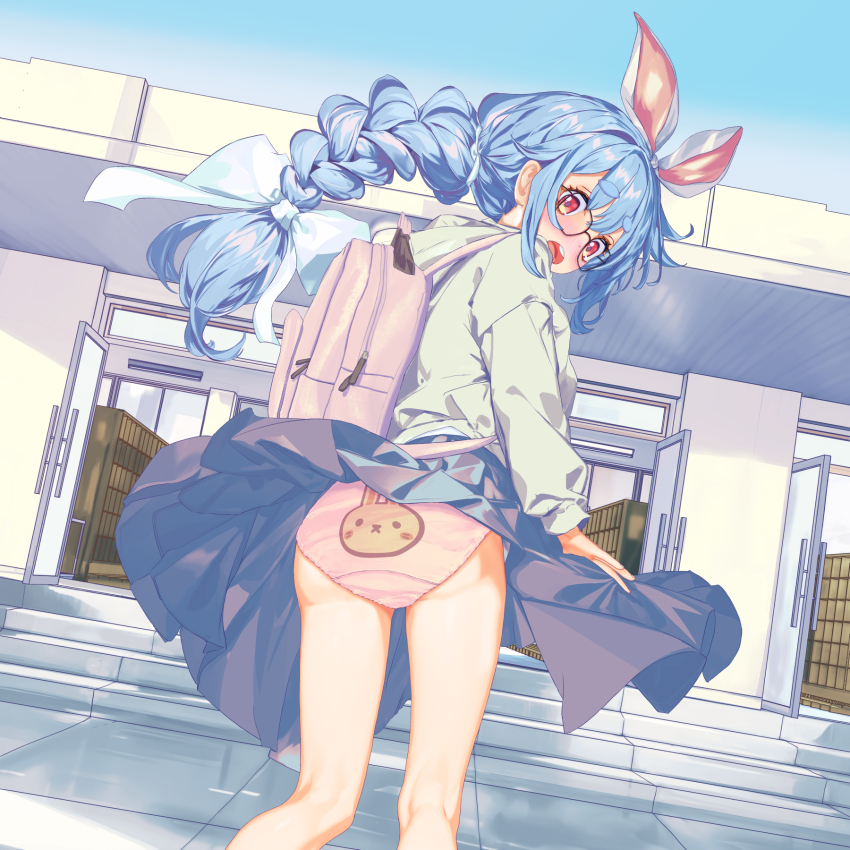 1girl animal_ears animal_print ass backpack bag blue_hair blue_skirt blush braid commentary_request from_behind glasses grey_shirt hanashima_m highres hololive kneepits long_hair looking_back open_mouth outdoors panties pink_panties ponytail print_panties rabbit_ears rabbit_girl rabbit_print red_eyes ribbon shirt skirt solo thighs underwear usada_pekora virtual_youtuber wind wind_lift