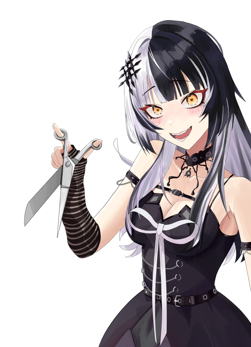 1girl absurdres arm_strap black_arm_warmers black_choker black_dress black_hair breasts choker cleavage dress grey_hair hair_ornament highres holding holding_scissors hololive hololive_english long_hair looking_at_viewer medium_breasts multicolored_hair open_mouth ribbon scissors shiori_novella shiori_novella_(1st_costume) simple_background solo split-color_hair striped_arm_warmers two-tone_hair virtual_youtuber white_background white_ribbon yellow_eyes younhand