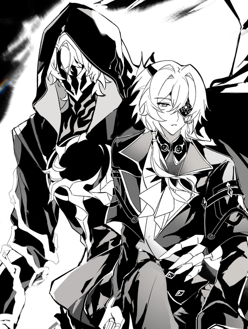 2boys anaxa_(honkai:_star_rail) ascot beishiquantumn capelet chinese_commentary commentary_request expressionless eyepatch flame_reaver_of_the_deepest_dark greyscale hair_intakes hair_over_shoulder hand_on_another&#039;s_waist high_contrast highres honkai:_star_rail honkai_(series) hood hood_up jewelry lapels long_hair long_sleeves looking_ahead low_ponytail monochrome multiple_boys multiple_rings notched_lapels one_eye_covered parted_lips phainon_(honkai:_star_rail) ponytail ring short_hair white_background yaoi