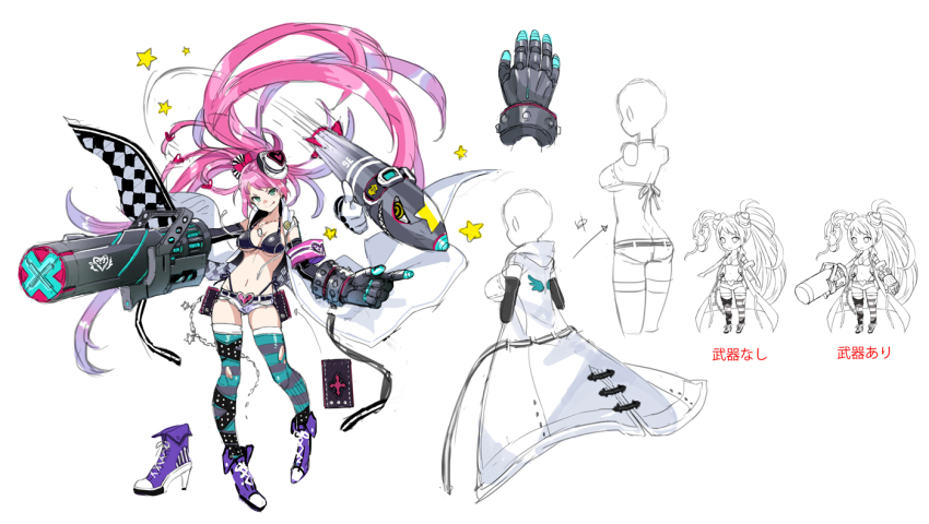 1girl :d aqua_eyes arm_cannon armor armored_boots belt belt_buckle belt_pouch bikini black_killers_(phantom_of_the_kill) boots bow breasts buckle chain character_sheet chibi company_name cutoff_jeans cutoffs dark_persona dog_tags earrings elbow_gloves eyepatch freikugel full_body gloves glowing glowing_weapon goggles hair_bow hair_ornament hat heart jewelry large_breasts laughing leather leather_bikini long_hair missile official_art open_mouth phantom_of_the_kill pink_hair pouch ribbon side_ponytail simple_background sleeveless sleeveless_jacket smile star_(symbol) swimsuit thigh_strap thighhighs thumbs_up torn_clothes torn_thighhighs very_long_hair weapon white_background