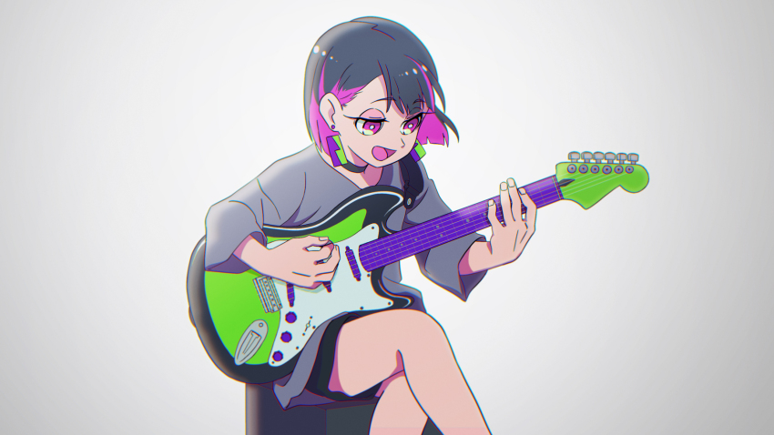 1girl akita_ayumu black_choker black_hair black_shorts choker colored_inner_hair crossed_legs earrings fingernails grey_shirt guitar highres holding holding_instrument instrument jewelry jitome multicolored_hair music nira-chan nira-chan_(obenkyou_shitoiteyo)_(zutomayo) obenkyou_shitoiteyo open_mouth pink_eyes pink_hair playing_instrument shirt shorts singing sitting streaked_hair wide_sleeves zutto_mayonaka_de_ii_no_ni