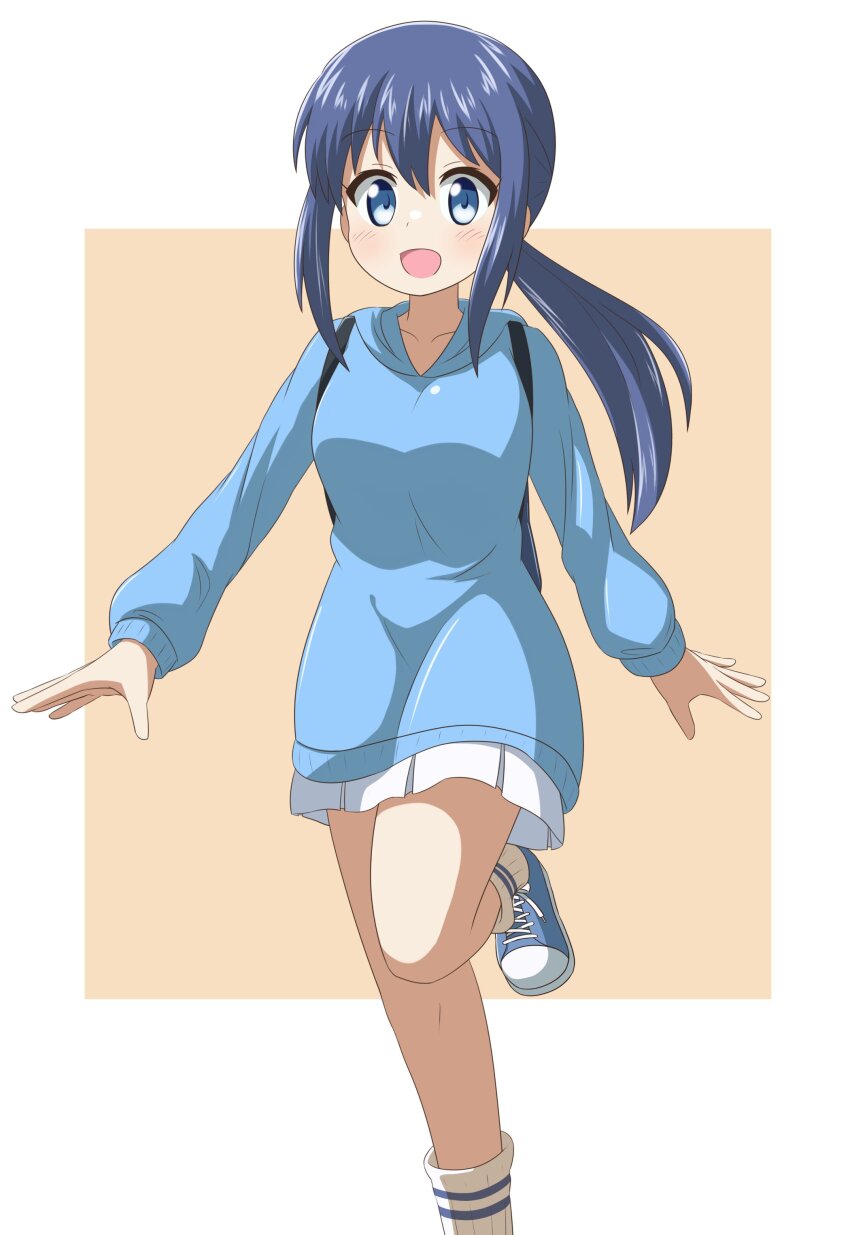 1girl absurdres blue_eyes blue_hair blue_sneakers collarbone dot_nose female_focus highres hood hoodie koisuru_asteroid leg_up long_hair long_sleeves manaka_ao nanog_eb1994 open_mouth ponytail shoes sneakers socks solo standing standing_on_one_leg striped_clothes striped_socks