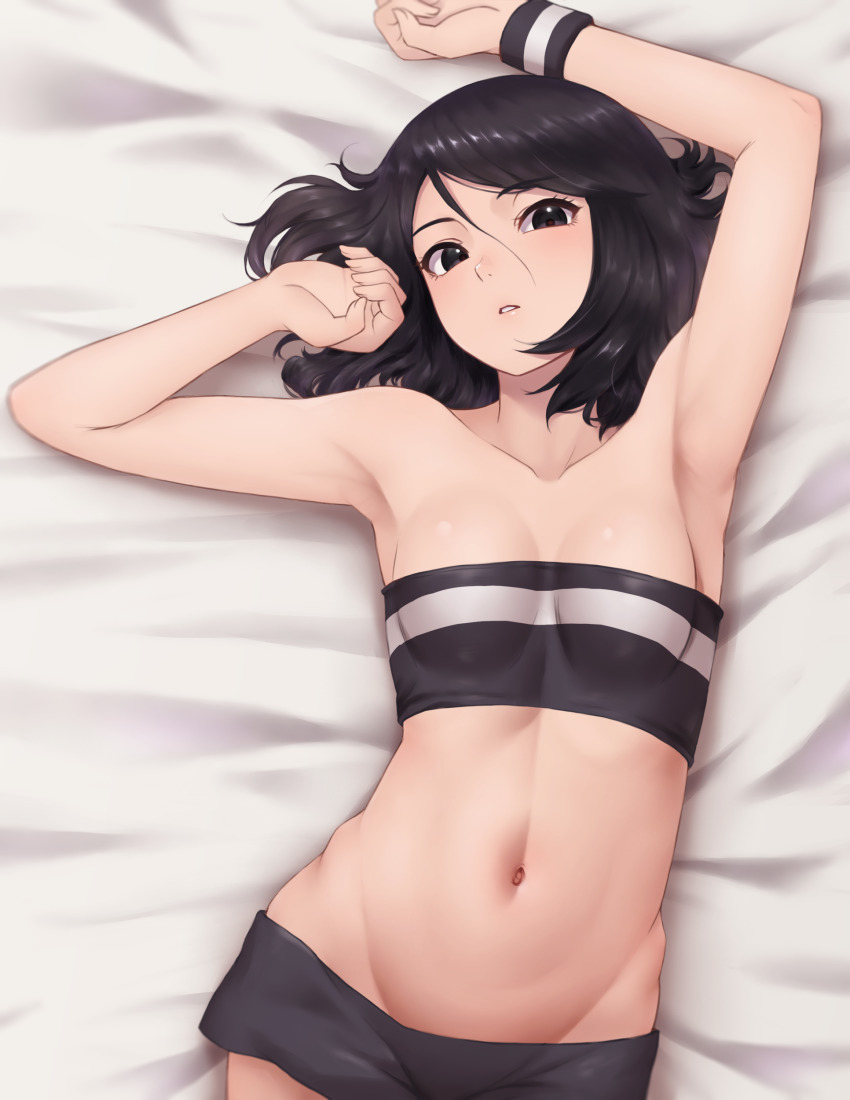 1girl absurdres alternate_costume arm_over_head arm_up armpits bad_id bad_pixiv_id bandeau bare_arms bare_shoulders bed_sheet black_bandeau black_eyes black_hair black_shorts boruto:_naruto_next_generations boruto:_naruto_the_movie breasts collarbone from_above groin hand_up highres looking_at_viewer lying medium_breasts midriff mil_k_vanilla naruto_(series) navel on_back parted_lips short_hair short_shorts shorts small_breasts solo stomach striped striped_bandeau teeth uchiha_sarada upper_body white_bandeau wristband