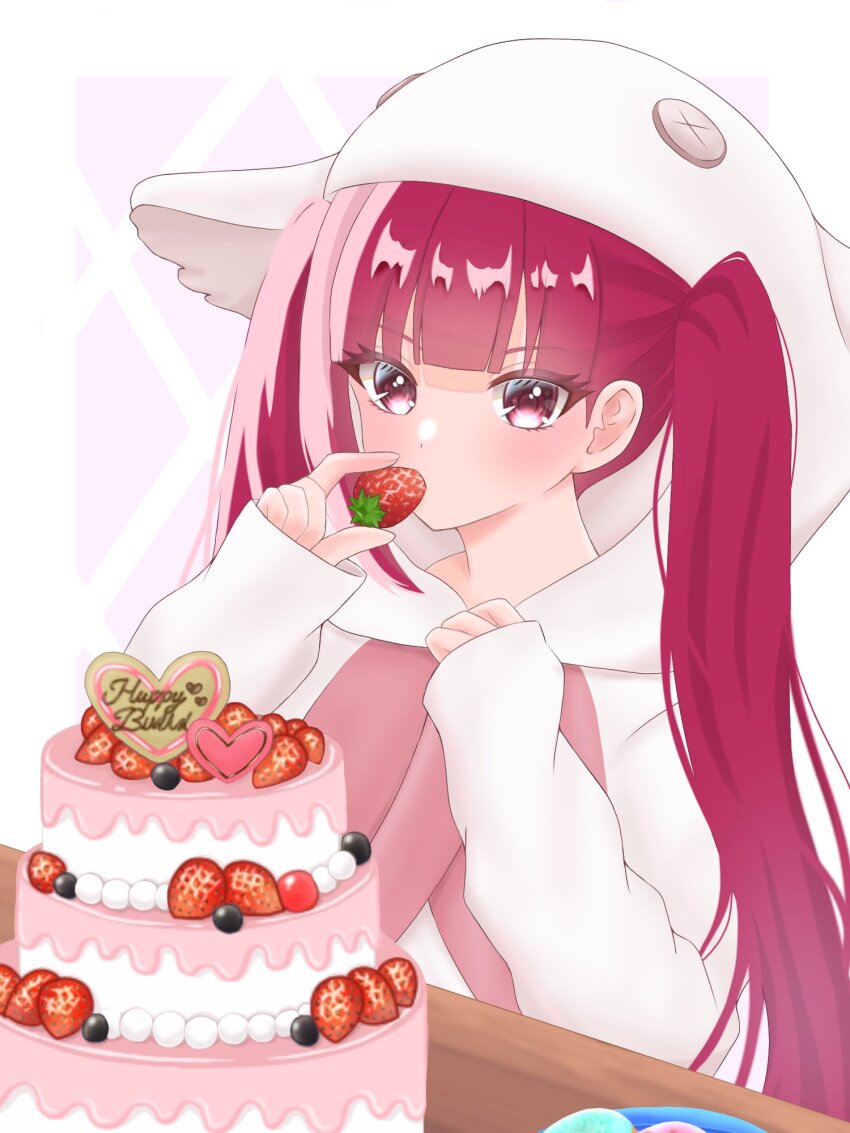 1girl 2024 b_eaka birthday_cake bleach bleach:_sennen_kessen-hen blunt_bangs blush cake commentary_request dated_commentary dokugamine_riruka eating eyelashes eyes_visible_through_hair food fruit hands_up happy_birthday hat heart highres holding holding_food holding_fruit hood hood_down hoodie long_hair long_sleeves red_eyes red_hair simple_background single_sidelock sleeves_past_wrists solo straight_hair strawberry strawberry_cake tsurime twintails upper_body very_long_hair white_background white_hat white_hoodie