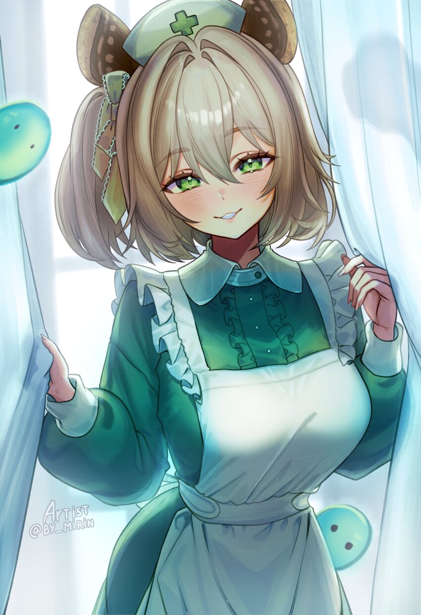 1girl absurdres animal_ears apron by_mirin dress frilled_apron frills green_dress green_eyes hat highres indie_virtual_youtuber medium_hair nimi_nightmare nurse nurse_cap one_side_up open_mouth smile tapir_ears tapir_girl twitter_username virtual_youtuber