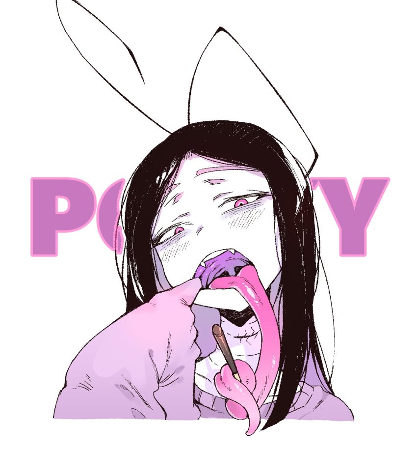 1girl bags_under_eyes black_hair colored_skin female_focus finger_in_own_mouth food highres karasu_raven long_sleeves long_tongue mouth_pull open_mouth oral_invitation original pale_skin pink_eyes pocky sleeves_past_wrists solo teeth tongue uvula very_long_tongue white_skin