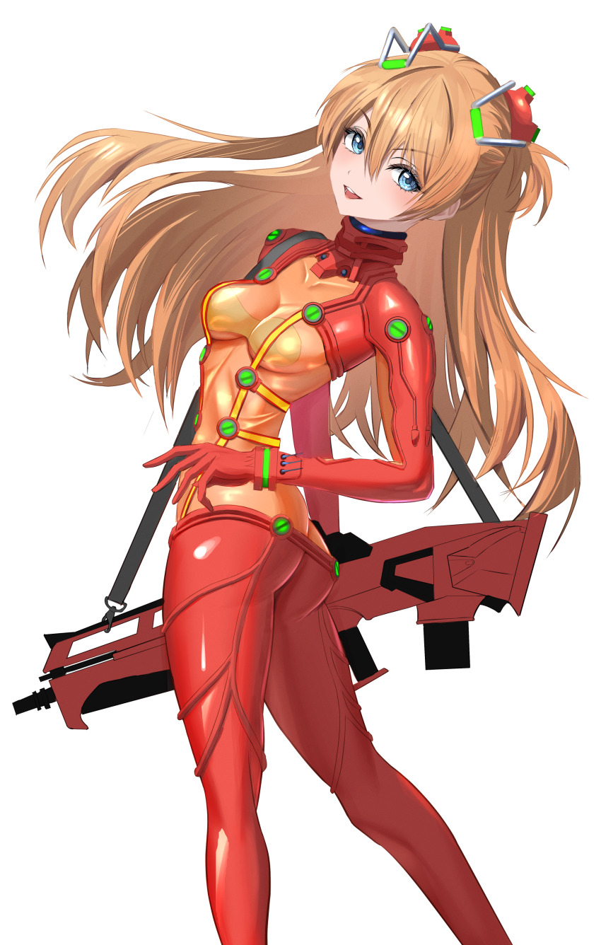 1girl absurdres ass blue_eyes bodysuit breasts butt_crack crossover curvy evangelion:_2.0_you_can_(not)_advance goddess_of_victory:_nikke highres holding holding_weapon long_hair looking_at_viewer looking_back mecha_pilot_suit neon_genesis_evangelion open_mouth orange_hair plugsuit rebuild_of_evangelion red_bodysuit see-through_bodysuit see-through_clothes shiny_clothes smile solo souryuu_asuka_langley test_plugsuit type09_sachi weapon white_background wide_hips