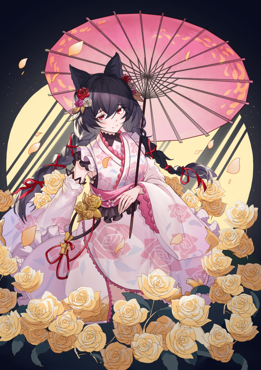 absurdres animal_ear_piercing bags_under_eyes braid erune floral_print floral_print_kimono flower granblue_fantasy hair_flower hair_ornament highres holding holding_umbrella japanese_clothes kimono nier_(granblue_fantasy) nier_(yukata)_(granblue_fantasy) obi official_alternate_costume parasol pink_flower pink_kimono pink_rose print_kimono red_flower red_rose rose sash twin_braids umbrella unkobako white_flower white_rose yellow_flower yellow_rose yukata