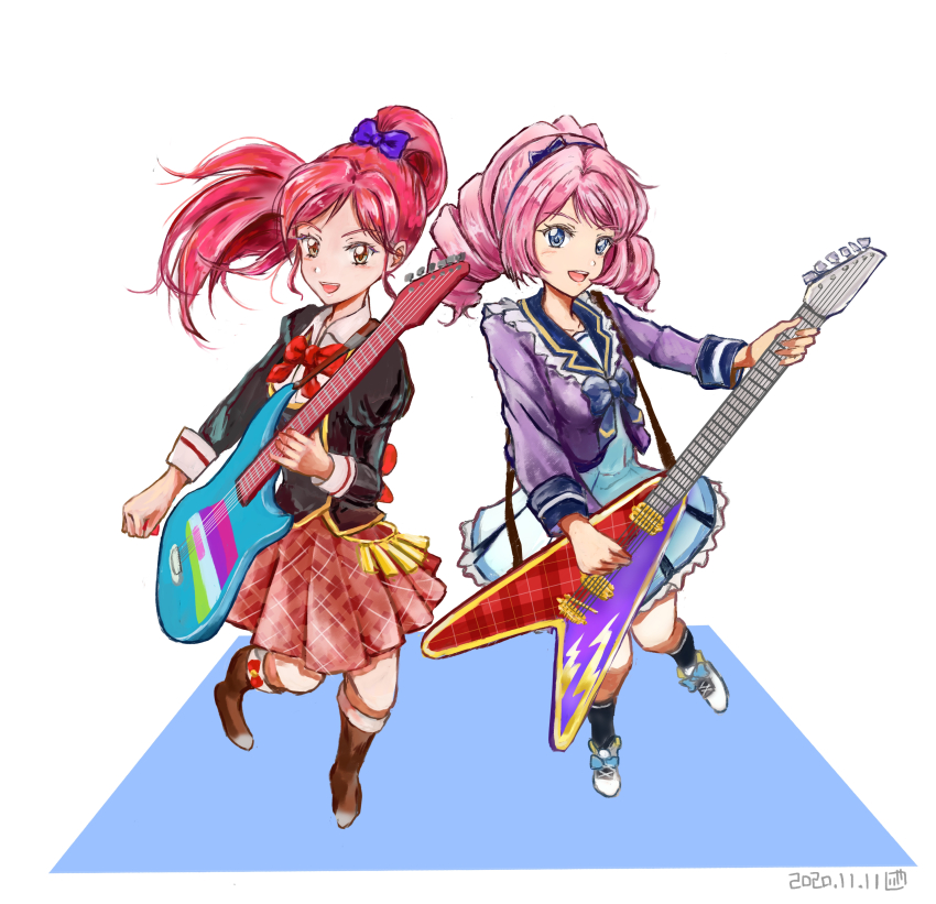 2girls absurdres aikatsu! aikatsu!_(series) aikatsu_stars! bow drill_hair guitar headband highres instrument kajiyason kneehighs leaning_forward leg_up long_hair looking_at_viewer multiple_girls open_mouth otoshiro_seira pink_hair ponytail red_hair sakuraba_laura school_uniform smile socks