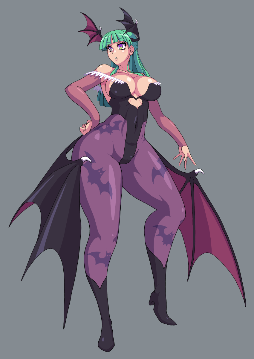 1girl absurdres animal_print bat_print black_leotard darkstalkers full_body great_magami green_hair grey_background head_wings highres leotard long_hair morrigan_aensland pantyhose purple_eyes purple_pantyhose solo strapless strapless_leotard wings