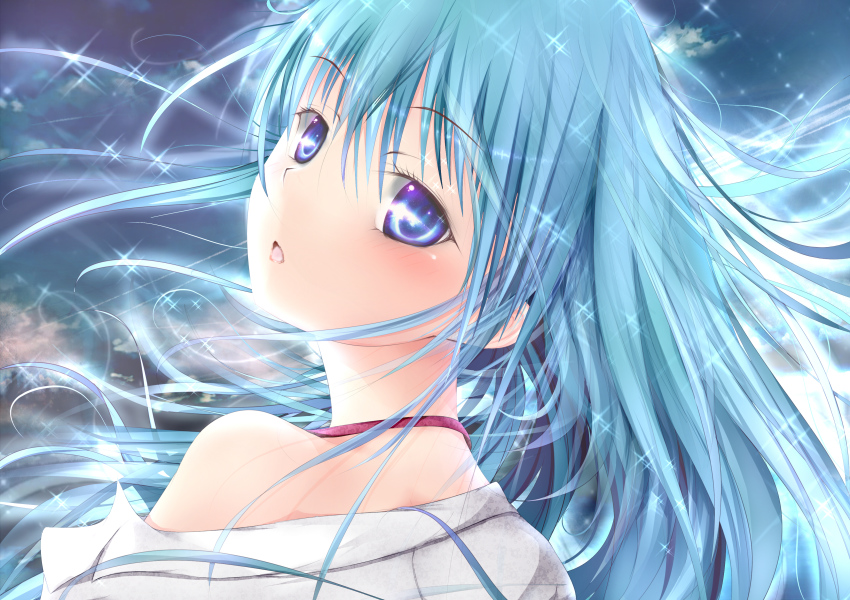 10s 1girl absurdres bare_shoulders blue_eyes blue_hair blush denpa_onna_to_seishun_otoko female_focus garyljq highres long_hair looking_back off_shoulder open_mouth solo sparkle touwa_erio