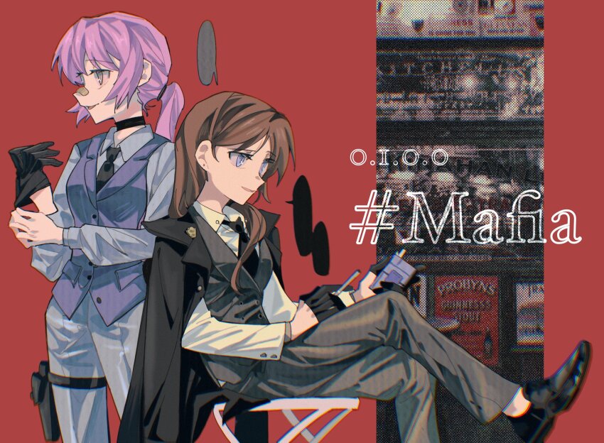 2girls bandaid bandaid_on_face bandaid_on_nose bang_dream! bang_dream!_it&#039;s_mygo!!!!! black_coat black_footwear black_gloves black_necktie blue_eyes brown_hair chihaya_anon chromatic_aberration cigarette cigarette_pack coat coat_on_shoulders collared_shirt commission gloves grey_eyes grey_pants grey_shirt grey_vest half_gloves highres holding holding_cigarette holding_cigarette_pack holster lanserongjie long_hair long_sleeves multiple_girls nagasaki_soyo necktie open_mouth pants piercing_hole pink_hair ponytail putting_on_gloves red_background second-party_source shirt sitting standing thigh_holster vest white_shirt