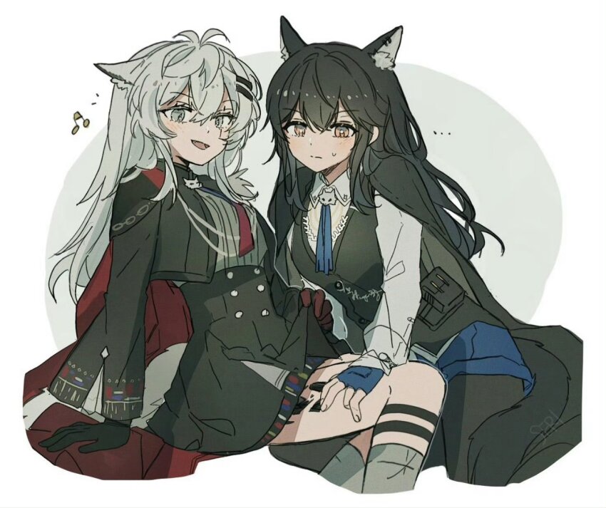 ... 2girls animal_ears arknights beamed_eighth_notes black_gloves black_hair black_jacket black_pantyhose black_skirt black_vest blue_gloves blue_shorts blush closed_mouth fingerless_gloves gloves grey_background grey_eyes grey_socks hair_ornament hairclip hand_on_another&#039;s_thigh jacket kneehighs lappland_(arknights) lappland_the_decadenza_(arknights) long_hair long_sleeves material_growth multiple_girls musical_note open_mouth orange_eyes oripathy_lesion_(arknights) pantyhose pantyhose_under_shorts scar scar_across_eye seri_(vyrlw) shirt shorts skirt smile socks sweatdrop texas_(arknights) texas_the_omertosa_(arknights) two-tone_background vest white_background white_hair white_shirt wolf_ears yuri