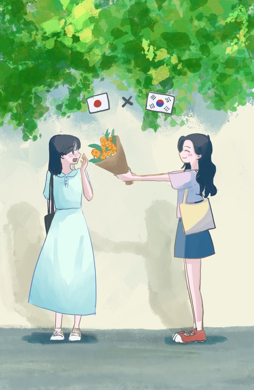 2girls bag black_hair blue_dress blue_skirt blush bouquet bus closed_eyes closed_mouth commentary_request dress flower giving hand_up highres holding holding_bouquet i_onion_7 japan-korea_yuri_(meme) japanese_flag long_hair looking_at_another meme motor_vehicle multiple_girls orange_flower original outdoors purple_shirt red_flower shadow shirt shoes short_sleeves shoulder_bag skirt smile sneakers south_korean_flag white_footwear yuri