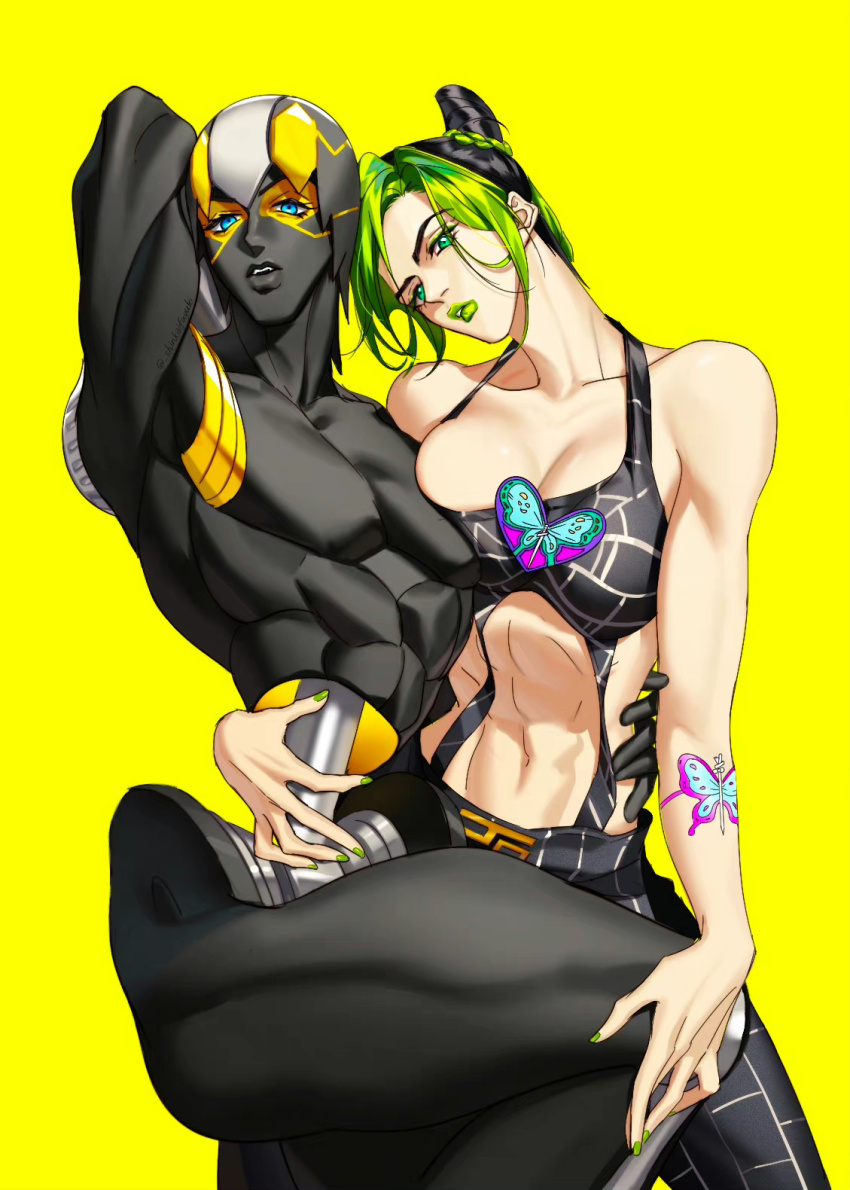 2girls abs arm_around_waist arm_tattoo arm_up black_hair black_skin blue_eyes breasts bun_with_braided_base chinese_commentary cleavage colored_skin commentary_request cone_hair_bun double_bun foo_fighters_(jojo) foo_fighters_(stand) green_hair green_lips green_nails hair_bun head_tilt highres jojo_no_kimyou_na_bouken kuujou_jolyne medium_breasts multicolored_hair multiple_girls shinkaifuyuki stand_(jojo) stone_ocean tattoo toned toned_female two-tone_hair yellow_background