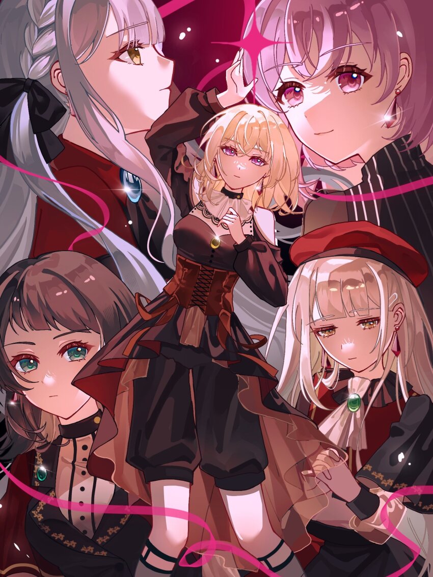 5girls amoris_(bang_dream!) arm_up ascot ave_mujica_(bang_dream!) bang_dream! bang_dream!_it&#039;s_mygo!!!!! beret black_bow black_dress black_hair black_pants black_vest blue_brooch blue_hair bow braid brown_corset capelet closed_mouth clothing_cutout corset doloris_(bang_dream!) dress earrings garter_straps glint green_brooch green_eyes grey_hair hair_between_eyes hair_bow hair_ornament hairclip hat highres interlocked_fingers jewelry kneehighs long_hair long_sleeves looking_at_viewer medium_hair minon_(momoiminon0420) misumi_uika mortis_(bang_dream!) multiple_girls oblivionis_(bang_dream!) own_hands_together pants pinstripe_pattern purple_eyes purple_hair red_capelet red_hat red_shirt see-through_clothes see-through_sleeves shirt short_hair shoulder_cutout sidelocks socks timoris_(bang_dream!) togawa_sakiko vest wakaba_mutsumi white_ascot white_shirt white_socks yahata_umiri yellow_eyes yuutenji_nyamu