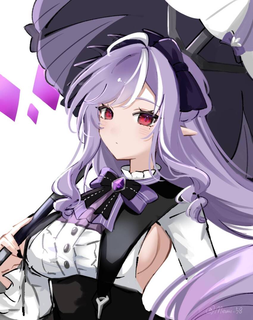 1girl ahoge black_nails bow breasts center_frills commentary_request expressionless frills highres holding holding_umbrella long_hair long_sleeves looking_at_viewer memi_58 mole mole_under_eye pointy_ears purple_bow purple_hair red_eyes ringlets sideboob sidelocks simple_background solo twitter_username umbrella upper_body vivian_(zenless_zone_zero) white_background zenless_zone_zero