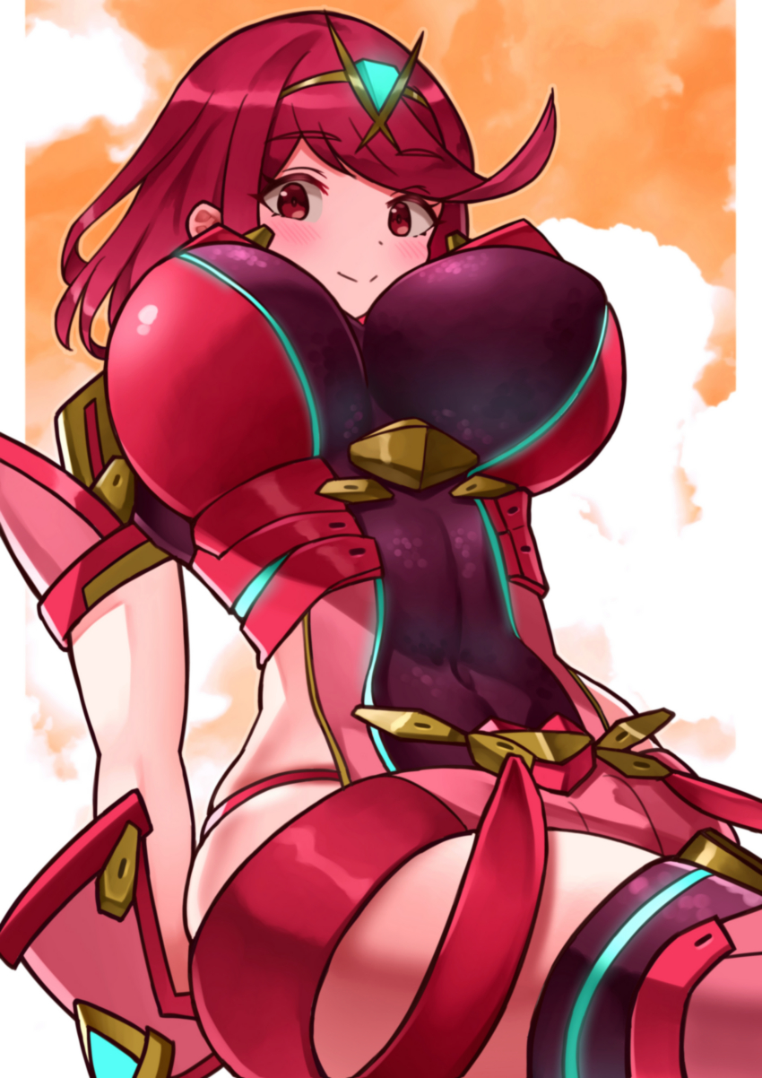 1girl absurdres blush bob_cut breasts gold_tiara highres large_breasts navel pyra_(xenoblade) red_eyes red_hair red_shorts red_thighhighs short_hair shorts smile swept_bangs thighhighs xenoblade_chronicles_(series) xenoblade_chronicles_2 yotsuha_uni