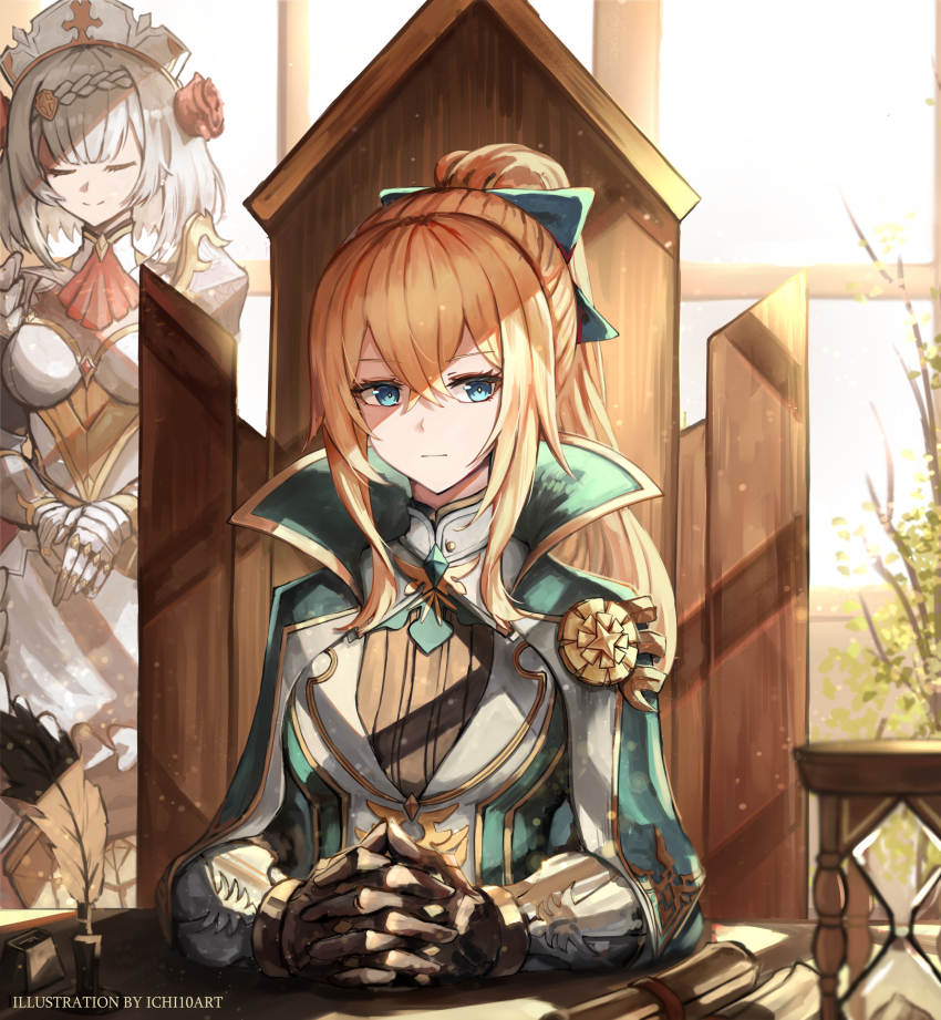 2girls absurdres armor armored_dress arms_on_table artist_name ascot black_shirt blonde_hair blue_eyes bow braid capelet closed_eyes crossed_bangs flower gauntlets genshin_impact hair_between_eyes hair_bow hair_flower hair_ornament highres hourglass ichi10art jean_(genshin_impact) jean_(gunnhildr&#039;s_legacy)_(genshin_impact) long_hair looking_to_the_side maid maid_headdress multiple_girls noelle_(genshin_impact) office official_alternate_costume own_hands_together ponytail quill red_flower red_rose rose scroll shirt short_hair silver_hair sitting smile sunlight white_headwear window