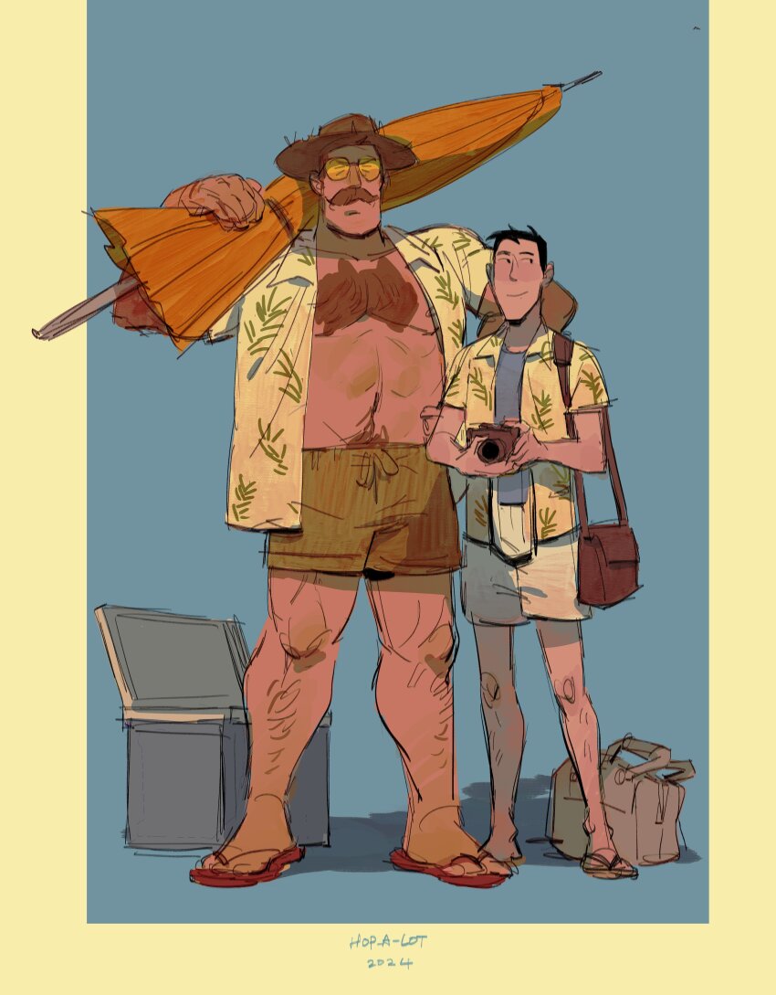 2boys absurdres arm_hair aviator_sunglasses bag bara bare_pectorals black_hair blonde_hair camera citrus0lemon cowboy_hat facial_hair full_body hat hawaiian_shirt height_difference highres holding holding_camera holding_umbrella large_pectorals leg_hair male_focus mature_male mr._bidwell multiple_boys muscular muscular_male mustache open_clothes open_shirt pectorals sandals saxton_hale shirt short_hair shorts sideburns simple_background smile strongman_waist sunglasses team_fortress_2 thick_chest_hair thick_mustache umbrella