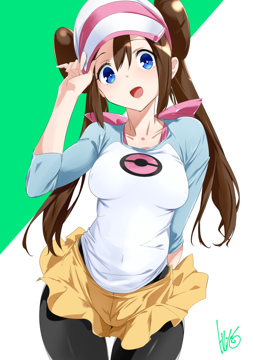 1girl black_pantyhose blue_eyes breasts brown_hair creatures_(company) double_bun game_freak hair_bun highres long_hair looking_at_viewer nintendo open_mouth pantyhose pokemon pokemon_bw2 rosa_(pokemon) shirt shorts smile solo toru_k twintails very_long_hair visor_cap yellow_shorts