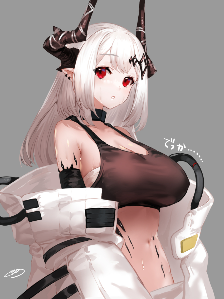 1girl apt arknights bare_shoulders black_choker blush breasts choker cleavage commentary_request crop_top grey_background highres horns large_breasts long_hair looking_at_viewer material_growth midriff mudrock_(arknights) mudrock_(elite_ii)_(arknights) navel off_shoulder oripathy_lesion_(arknights) parted_lips pointy_ears red_eyes sarashi simple_background solo sports_bra stomach sweat upper_body white_hair