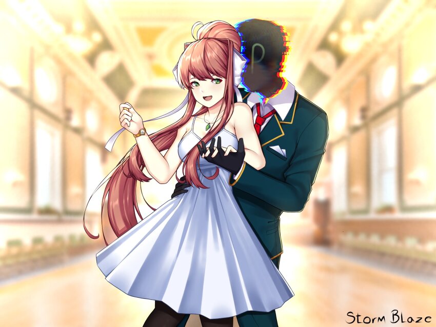 1boy 1girl brown_hair chamberlain dancer dancing dancing_stars_on_me! doki_doki_literature_club dress green_eyes highres monika_(doki_doki_literature_club) storm_blaze white_dress