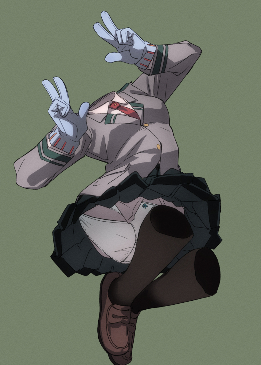 1girl black_skirt black_socks blue_gloves boku_no_hero_academia brown_footwear double_v fu-ta gloves green_background hagakure_tooru highres invisible loafers necktie panties red_necktie school_uniform shoes simple_background skirt socks solo underwear v white_panties