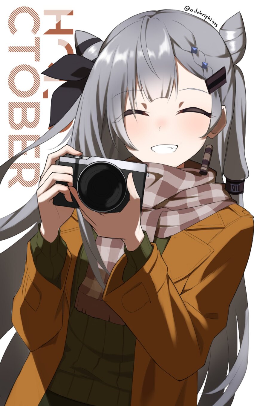 1girl adekrifki935 brown_coat camera casual checkered_clothes checkered_scarf closed_eyes coat cone_hair_bun earrings green_sweater grey_hair hair_bun highres holding holding_camera hololive hololive_indonesia jewelry long_hair scarf single_earring smile sweater twitter_username vestia_zeta virtual_youtuber