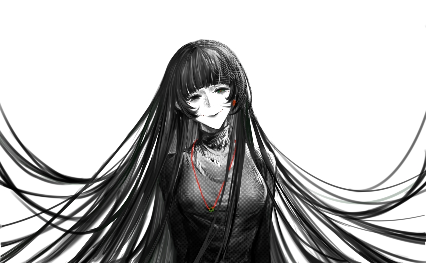 1girl absurdres black_eyes black_hair black_sweater blunt_bangs breasts chinese_commentary ciwuyingyu colored_skin commentary_request green_eyes heterochromia highres jewelry large_breasts long_hair long_sleeves looking_at_viewer mole mole_on_cheek naihe_(touqi_guaitan)_(female) necklace open_mouth simple_background smile solo sweater touqi_guaitan turtleneck turtleneck_sweater white_background white_skin