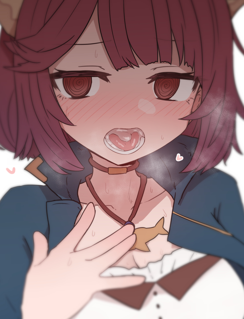 1girl @_@ atelier_(series) atelier_sophie blush cum cum_in_mouth cum_on_tongue female_focus hand_on_own_chest heart highres looking_at_viewer lower_teeth_only open_mouth red_eyes red_hair short_hair solo sophie_neuenmuller sumiyao_(amam) sweat teeth tongue