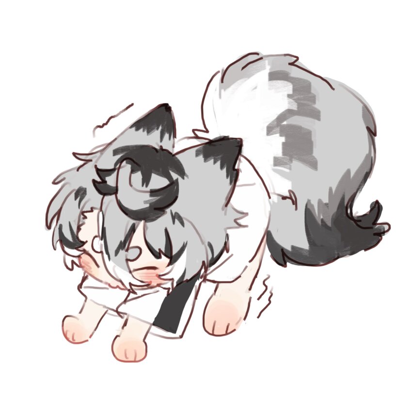 1boy all_fours animal_ears cat_boy cat_ears cat_stretch cat_tail chibi closed_eyes commentary_request full_body grey_hair highres male_focus original paki2000 shirt short_hair simple_background solo stretching tail white_background white_shirt